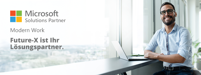 Future X ist zertifizierter Microsoft Solution Partner für Modern Work. Buchen Sie bei uns Ihre Microsoft 365 Business Lizenzen. Visual eines jungen Manners der an einem Notebook sitzt.
