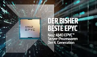 AMD EPYC™ Prozessoren der 4. Generation – mit AMD „Zen 4“-Architektur. AMD EPYC™ Prozessoren der 4. Generation – mit AMD „Zen 4“-Architektur. AMD EPYC™ Logo auf dunklem Hintergrund mit hellen, türkisfarbenen Lichtstrahlen.