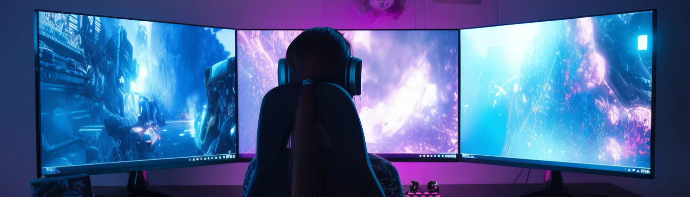 Für passionierte Gamer bieten wir eine beeindruckende Auswahl an Gaming-Monitoren, die eine schnelle Reaktionszeit, eine hohe Bildwiederholrate und die neueste G-Sync- oder FreeSync-Technologie bieten. Für passionierte Gamer bieten wir eine beeindruckende Auswahl an Gaming-Monitoren, die eine schnelle Reaktionszeit, eine hohe Bildwiederholrate und die neueste G-Sync- oder FreeSync-Technologie bieten. Foto einer Gamerin, die vor 3 Monitoren sitzt.