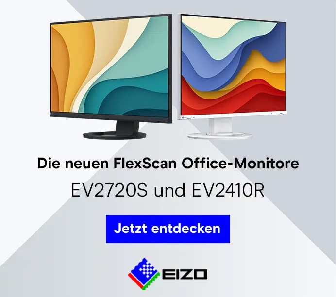 Ergonomisch. Sparsam. Zuverlässig. Die neuen EIZO FlexScan EV2720S und EV2410R Monitore kaufen Sie bei Future-X. Produktbilder mit Ansichten der schwarzen und weißen Modellvariante auf hellgrauem Hintergrund.