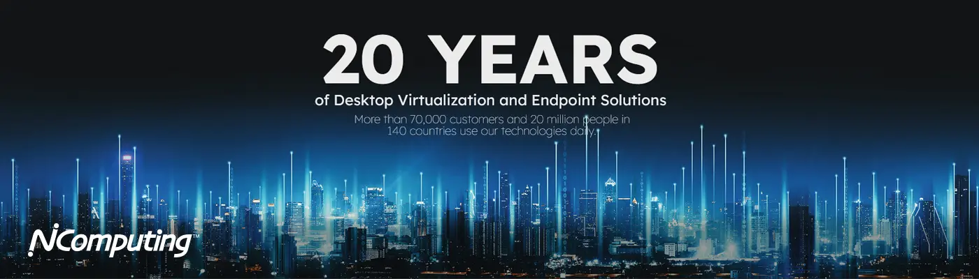 NComputing - 20 Jahre Desktop-Virtualisierungs- und Endpoint-Lösungen. NComputing - 20 Jahre Desktop-Virtualisierungs- und Endpoint-Lösungen. Visual einer beleuchteten Skyline auf dunklem Hintergrund.