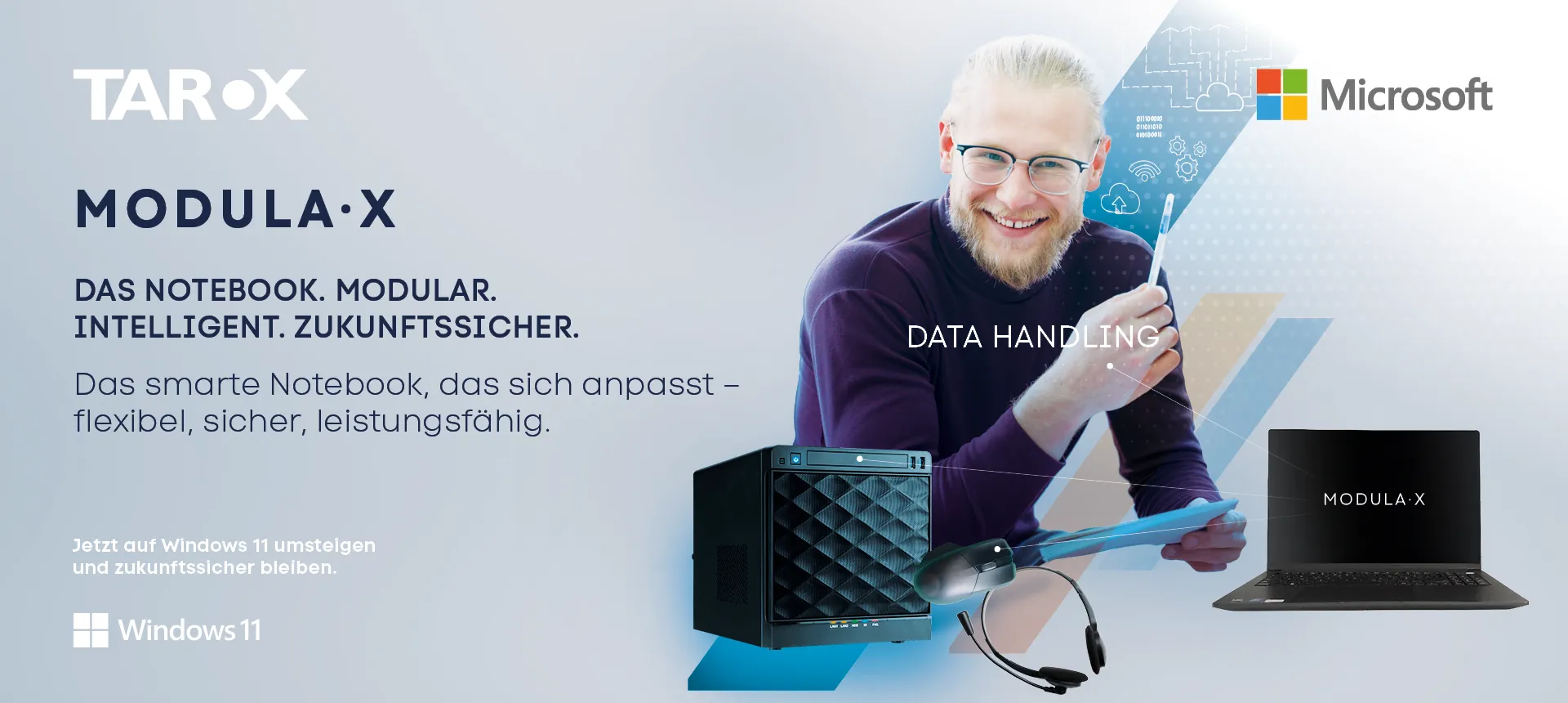 MODULA·X. Modular. Intelligent. Zukunftssicher. Das smarte Notebook, das sich anpasst – flexibel, sicher, leistungsfähig. Visual eines jungen Mannes mit Vollbart und Brille, sowie verschiedener Computer Hardware.
