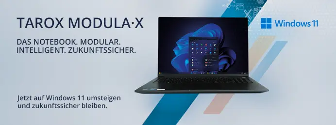 TAROX MODULA·X. Jetzt auf Windows 11 umsteigen und zukunftssicher bleiben. Frontansicht des geöffneten Notebooks auf hellblauem Grund mit farbigen, diagonalen Linien im Hintergrund.