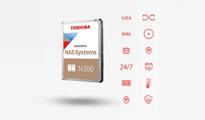 Toshiba N300 - Interne 3,5"-Festplatte mit bis zu 18 TB Speicherplatz. Toshiba N300 - Interne 3,5"-Festplatte mit bis zu 18 TB Speicherplatz. Produktbild mit Funktions-Icons.