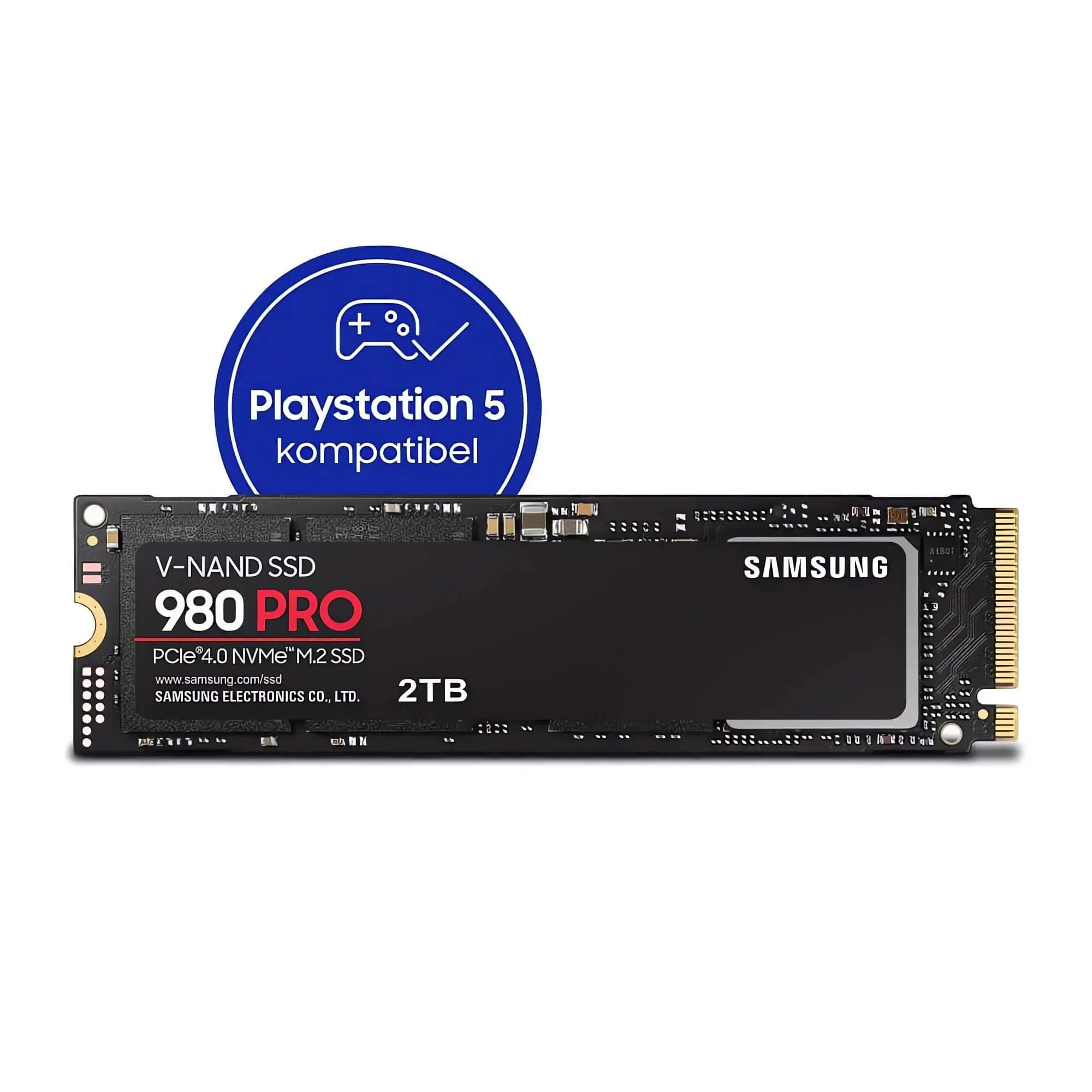 Samsung 980 PRO VNAND SSD Festplatte - geeignet für High-End-Gaming, anspruchsvolle Video- und Grafikbearbeitung. Samsung 980 PRO VNAND SSD Festplatte - geeignet für High-End-Gaming, anspruchsvolle Video- und Grafikbearbeitung. Produktfoto auf weißem Hintergrund mit Playstation 5 kompatibel Störer.