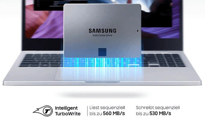 Samsung SSD 870 QVO - zeichnet sich durch ein langanhaltendes Leistungsniveau aus. Samsung SSD 870 QVO - zeichnet sich durch ein langanhaltendes Leistungsniveau aus. Visual Geschwindigkeit.