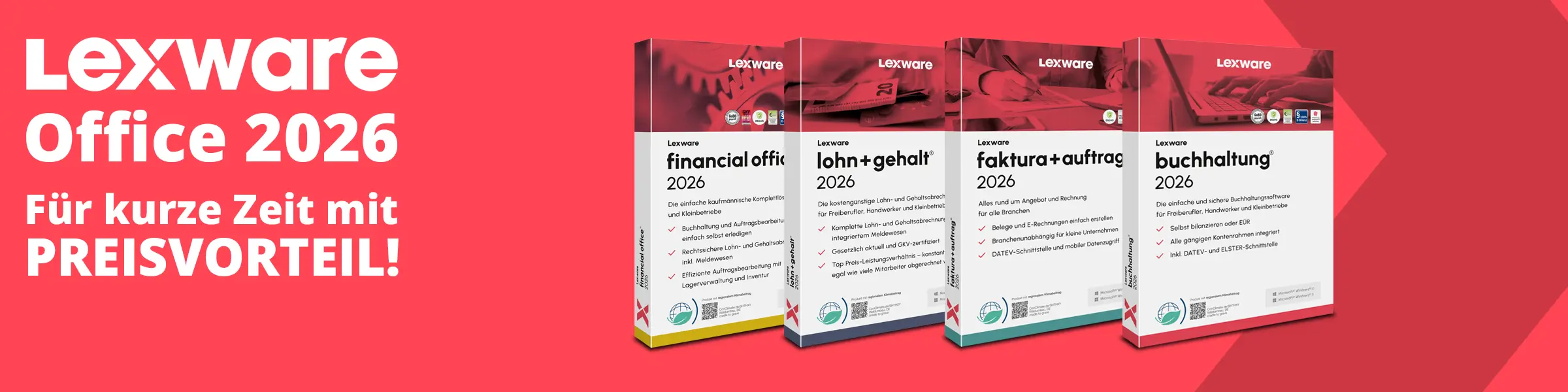 Lexware Office 2026. Für kurze Zeit mit Preisvorteil bei Future-X kaufen. Visual von 4 Packshots der verschiedenen Programme auf einem roten Hintergrund.