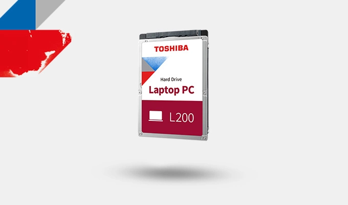 Toshiba L200 2,5"-SATA-Festplatte mit Toshiba Dynamic Cache Technology. Toshiba L200 2,5"-SATA-Festplatte mit Toshiba Dynamic Cache Technology. Produktbild auf grauem Hintergrund.