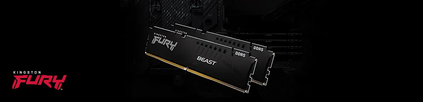 Kingston FURY™ Beats DDR5 Speicher, die nächste Generation der DRAM-Modultechnologie. Kingston FURY™ Beats DDR5 Speicher, die nächste Generation der DRAM-Modultechnologie. Produktbilder Kingston FURY™ Beast Speicherriegel vor einem schwarzen Hintergrund mit einem Mainboard.