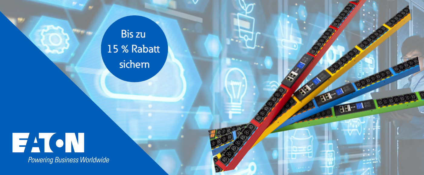Power Weeks. Jetzt noch bis zum 19.10.2025 bis zu 15 % Rabatt auf die gesamte Eaton-PDU-Produktpalette sichern. Power Weeks. Jetzt noch bis zum 19.10.2025 bis zu 15 % Rabatt auf die gesamte Eaton-PDU-Produktpalette sichern. Visual von mehreren, farbigen Eaton PDUs vor dem Hintergrund eines Serverraums.