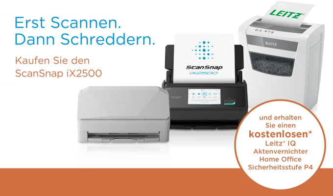 Erst Scannen. Dann Schreddern. Ricoh ScanSnap iX2500 bis zum 31.03.2026 kaufen und einen Leitz IQ Aktenvernichter kostenlos* erhalten. Produktfotos der ScanSnap iX2500, dem Leitz IQ Aktenvernichter & Störer-Button zur Promotion.