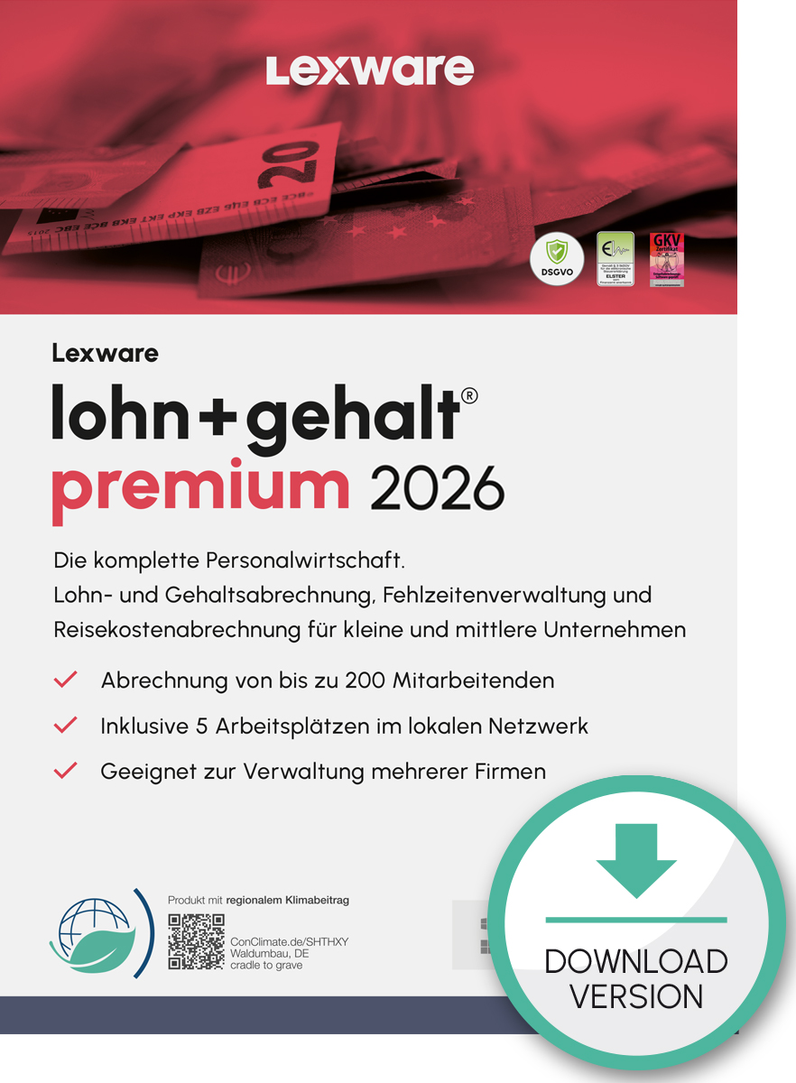 Lexware lohn+gehalt premium 2026 Abo-Vertrag 1 Jahr 5 Lizenzen Download Win, Deutsch (nur für Neukunden)