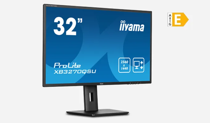 iiyama ProLite XB3270QSU-B1 - 31,5 Zoll (80 cm) Monitor mit IPS-Panel-Technologie und WQHD-Auflösung. Produktbild mit EEK E Icon.