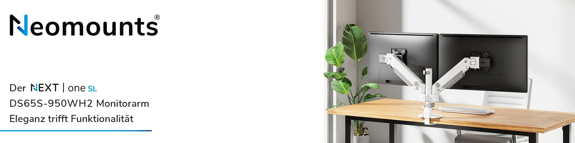 Neomounts DS65S-950WH2 NEXT One SL Monitorarm in Weiß zur ergonomischen Montage von zwei Bildschirmen. Lifestyle-Bild des Neomount DS65S-950WH2 NEXT One SL Monitorarm, befestigt an einem Schreibtisch mit Naturholzoberfläche.