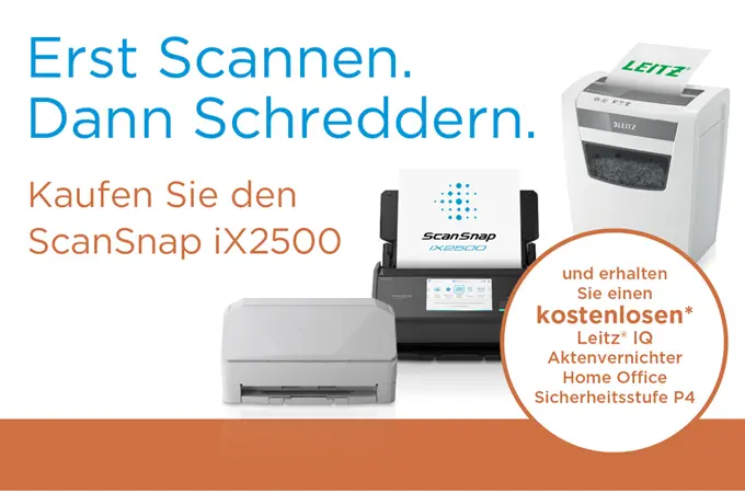 Ricoh ScanSnap Promotion: Erst Scannen. Dann Schreddern. Endet am 18.01.2026. Produktfoto von 2 iX2500 Scannern und einem Leitz Aktenvernichter Homeoffice mit Sicherheitsstufe P4.