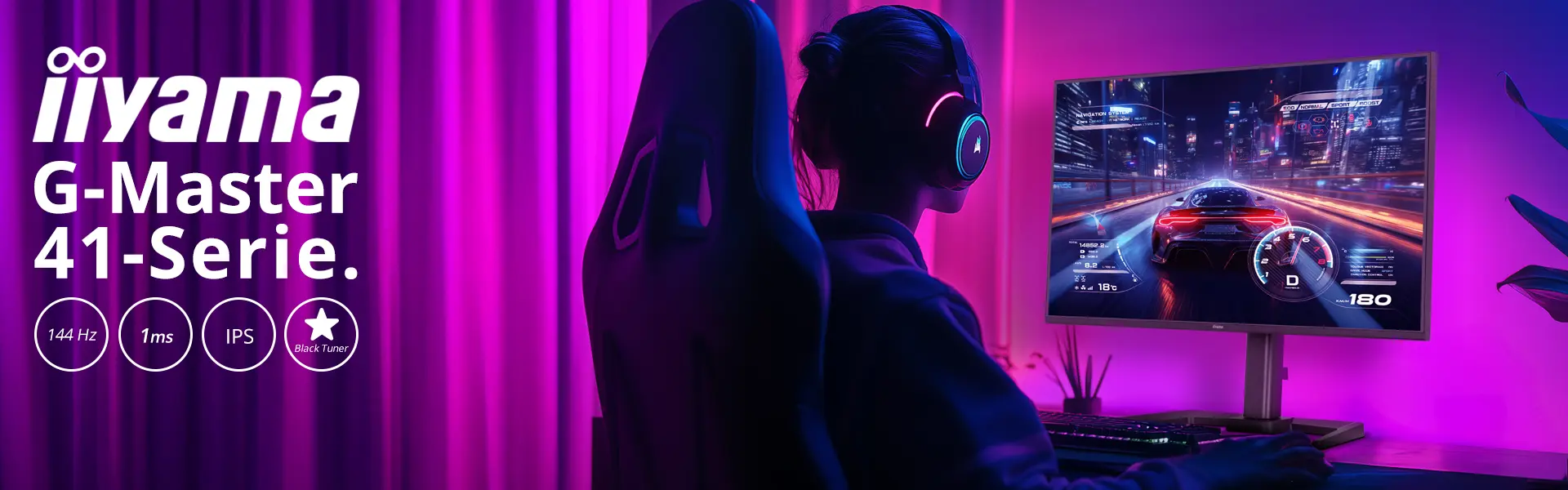 iiyama G-Master BLACK HAWK 41-Serie für ein außergewöhnliches Gaming-Erlebnis. Visual einer Gamerin die vor einem G-Master Monitore aus der 41er Serie sitzt und spielt.