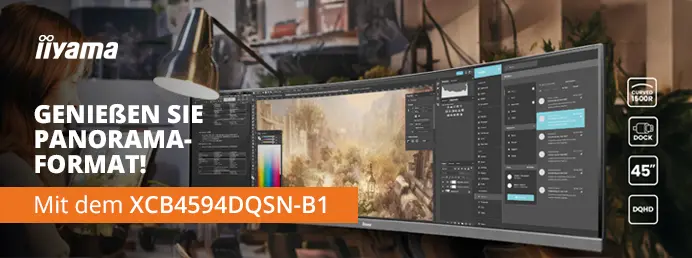 Gebogener UltraWide‑Monitor iiyama ProLite XCB4594DQSN‑B1 mit großer Bildschirmfläche, schmalem Rahmen und höhenverstellbarem Standfuß, geeignet für Büro‑ und Multitasking‑Anwendungen. Produktfoto des Monitors in einer Büroumgebung.