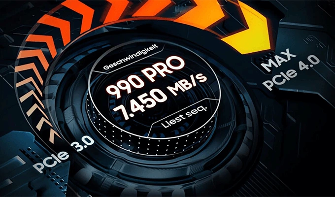 Samsung SSD 990 PRO - Explosives Tempo für intensives Gaming. Samsung SSD 990 PRO - Explosives Tempo für intensives Gaming. Visual PCIe Geschwindigkeit.