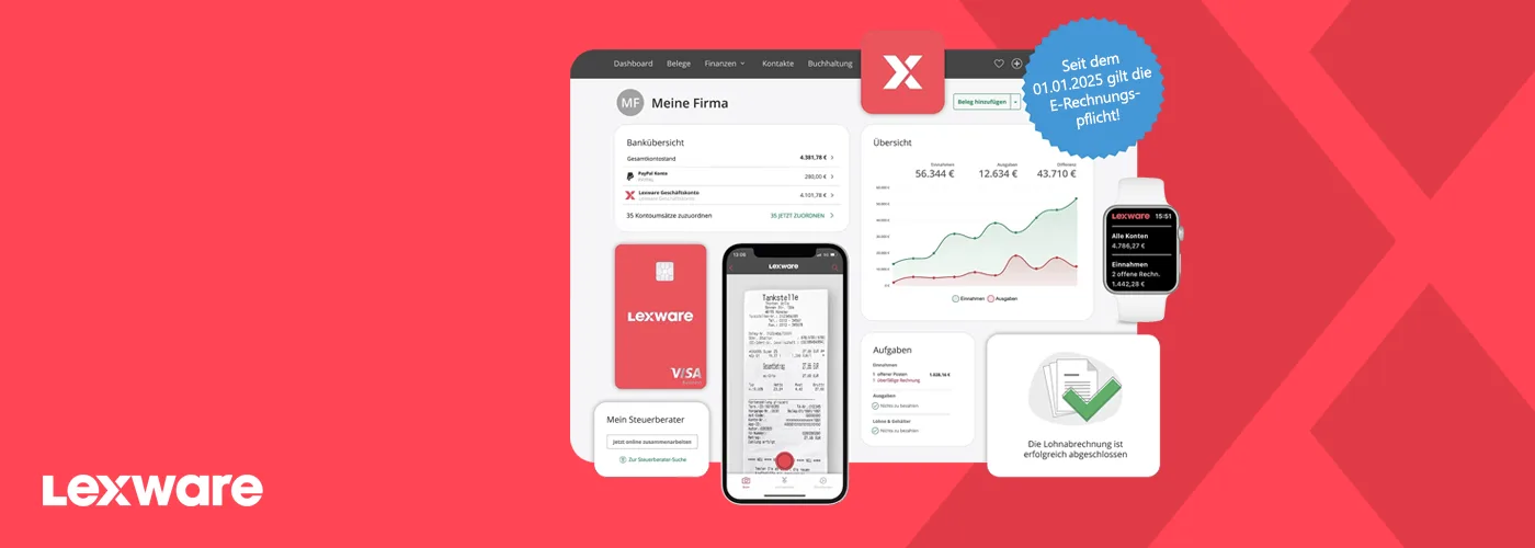 Lexware Office 2026. Effizient, rechtssicher und bereit für die KI‑gestützte Zukunft. Visual mit Screenshots aus den Programmoberflächen auf dem Desktop oder Smartphone.