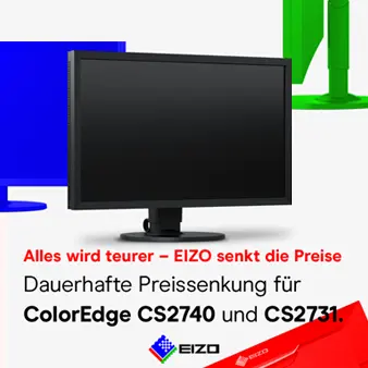 Alles wird teurer – EIZO senkt die Preise. Dauerhafte Preissenkung für ColorEdge CS2740 und CS2731. Produktfoto auf hellgrauem Grund.