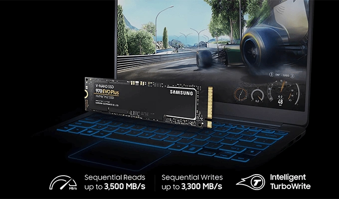 Samsung 970 EVO Plus - Leistung auf dem nächsten Level. Samsung 970 EVO Plus - Leistung auf dem nächsten Level. Visual Produkt auf einem Notebook.
