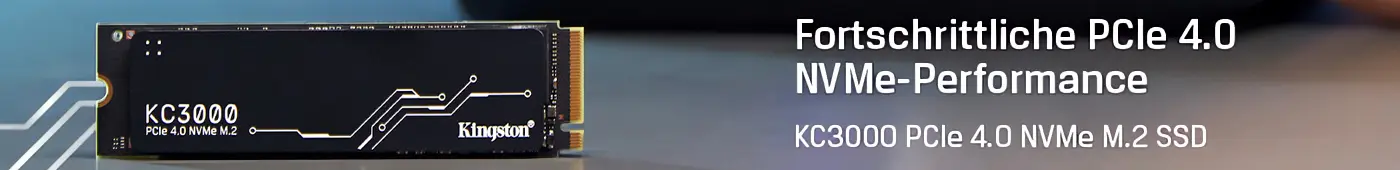 Kingston KC3000 PCIe 4.0 NVMe M.2 SSD – der Hochleistungsspeicher für Desktop- und Laptop-PCs. Kingston KC3000 PCIe 4.0 NVMe M.2 SSD – der Hochleistungsspeicher für Desktop- und Laptop-PCs. Visual der KC3000 SSD auf blau-grauem Hintergrund.