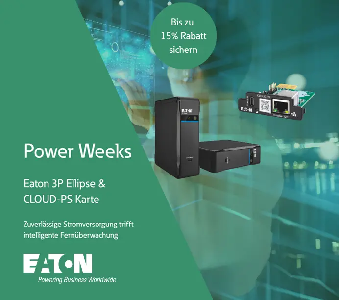 Eaton Power Weeks mit 3P Ellipse und der CLOUD-PS Karte zu attraktiven Sonderpreisen. Vom 01.10. - 31.12.2026. Visual einer Serverraumumgebung und den beiden Produkten im Vordergrund.