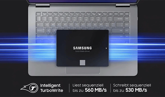 Samsung SSD 870 EVO mit bis zu 560/530 MB/s. Samsung SSD 870 EVO mit bis zu 560/530 MB/s. Visual Geschwindigkeit.