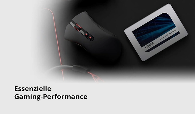 Crucial SSDs für essentielle Gaming-Performance. Crucial SSDs für essentielle Gaming-Performance. Visual Crucial SSD liegt neben einer Gaming-Maus.
